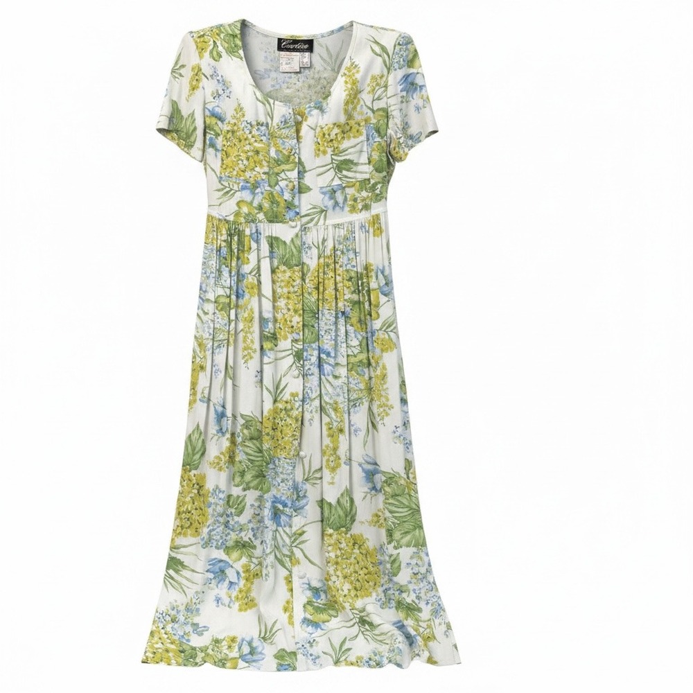 Cartise Button Front Floral Print Maxi Dress Green White Rayon Short Sleeve Sz 2